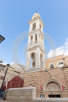 View from Nativity Street to the  bell tower of St. Marys Syriac Orthodox Church in Bethlehem in the Palestinian Authority, Israel