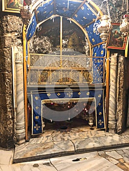 BETHLEHEM, PALESTINE - JANUARY 22, 2019: Grotto Over Cave Where Jesus Christ was Born. Church of the Nativity Bethlehem