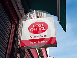 Bethnal Green Post Office sign, East London. UK.