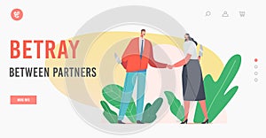 Betray between Partners Landing Page Template. Masked Characters Shaking Hand and Smile to Each Other while Hiding Knife