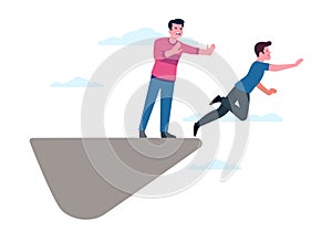 Betrayal or competition at work. Man throwing another off cliff. Guy pushing colleague down mountain. Dishonesty rival