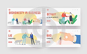 Betrayal, Dishonesty in Business Landing Page Template Set. Characters with Knives Shake Hand, Sheep and Wolf Friendship