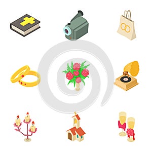 Betrothal icons set, isometric style