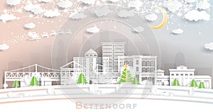 Bettendorf Iowa City Skyline in Paper Cut Style with Snowflakes, Moon and Neon Garland