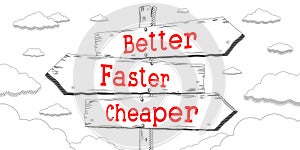 Better, faster, cheaper - outline signpost with three arrows