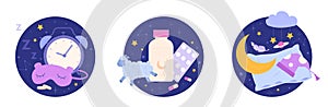 Better sleep items. Bedtime meditation elements, sleeping therapy insomnia relief concept, face mask pillow alarm clock