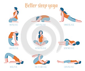 Better sleep yoga. Poses for good rest. Fitness exercises girl.