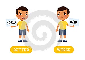 BETTER and WORSE antonyms word card, opposites concept. Flashcard for English language learning.