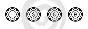 Betting Chip for Poker Set Black Icons. Luck Dollar Euro Bitcoin for Gamble Pictogram. Casino Currency, Poker Money Sign