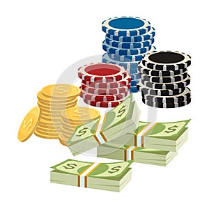 Betting gambling concept. Poker chips, golden coins with dollar sign