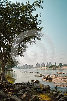 Betwa river and The Royal Cenotaphs Chhatris ruins in Orchha, India