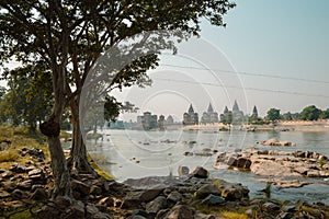 Betwa river and The Royal Cenotaphs Chhatris ruins in Orchha, India