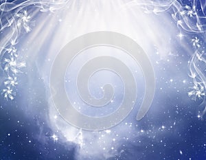 Beuatiful blue mystic angeli spiritual religious background with rays of Light