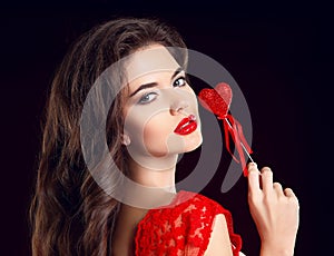 Beuaty Makeup. Beuatiful girl with red lips and Valentine heart