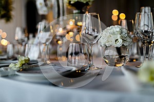 Beutiful setup of wine glasess for dinner, party, weddings or chrismas