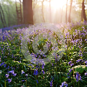 Beutiful sunrise in bluebells forest in springtime
