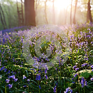 Beutiful sunrise in bluebells forest in springtime photo