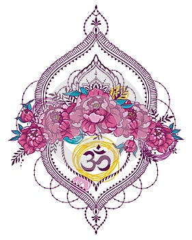 Beutiful vector illustation with peony, mendi style deoration and symbol `om`