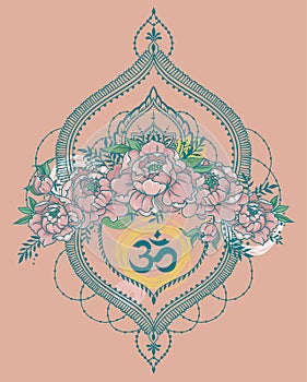 Beutiful vector illustation with peony, mendi style deoration and symbol `om`