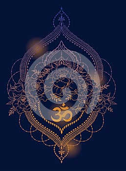 Peony, mendi style deoration and symbol `om` shining on deep blue background photo