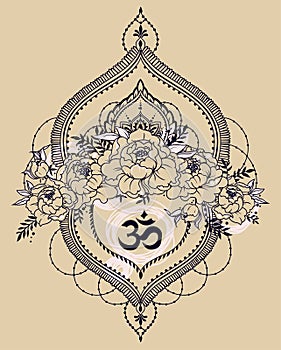 Beutiful vector illustation with peony, mendi style deoration and symbol `om` photo