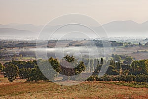 Bevagna, Perugia, Umbria, Italy: landscape at dawn of hills and countryside