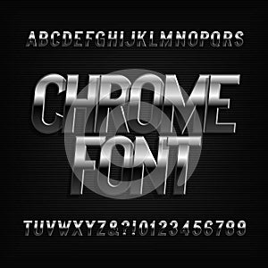 Beveled chrome alphabet font. Metal effect oblique letters and numbers.