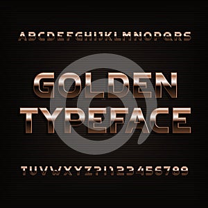 Beveled golden alphabet font. Metal color letters, numbers and symbols.