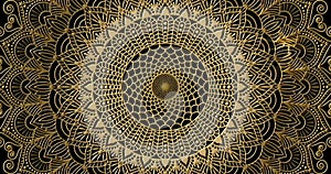 Bevelled golden kaleidoscope hypnotic floral mandala geometric animation. Abstract fantasy background.