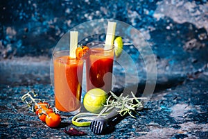 Beverage, bloody mary cocktail with cherry tomatoes and basil