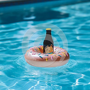 Beverage float on donut-shaped inflatable in clear pool water
