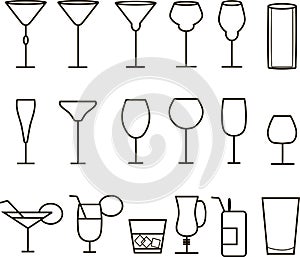 Beverage, cocktail, drinks vector, thin black line symbol icon. Juice, water, beer, wine, cognac emblems, alcohol cocktails