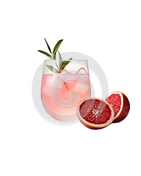 beverage in a glass with fruits and icecubes, white background