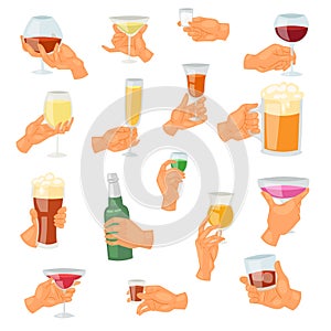 Beverage in hand vector drinking alcoholic cocktail tequila martini or nonalcoholic beer in mug illustration set of