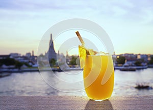 Beverage placed on the bar Against the backdrop of Arun Temple view. Wat Arun Ratchawararam Ratchawaramahawihan or Wat Arun is a