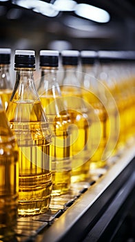 Beverage production line filling glass bottles with refreshing apple and pineapple juice