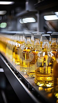 Beverage production line filling glass bottles with refreshing apple and pineapple juice
