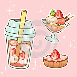 Beverages with sweetmeats. Hand drawn set collection photo