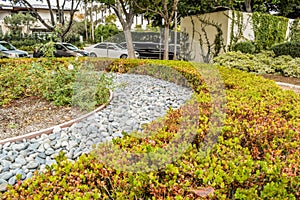 Beverly Gardens Park Nicely trimmed bushes, flowers and stones in front of the house, front yard. Landscape design