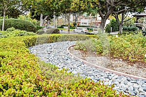 Beverly Gardens Park Nicely trimmed bushes, flowers and stones in front of the house, front yard. Landscape design