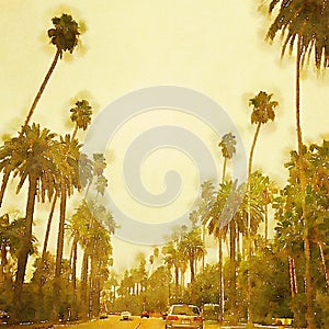 Beverly Hills Los Angeles stylized watercolor street scene