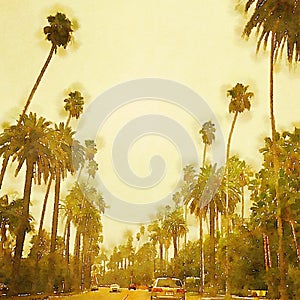 Beverly Hills Los Angeles stylized watercolor street scene photo