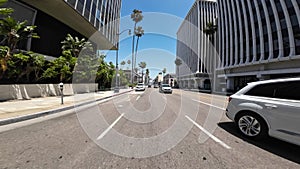 Beverly Hills Wilshire Blvd Westbound Rear View 02 at Doheny Dr Driving Plate California USA Ultra Wide