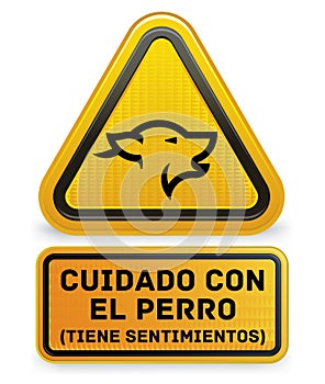 Beware of the dog plate with spanish text