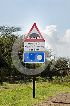 Beware of hippo`s crossing, road sign. Garden route, South africa