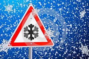 Beware of ice or snow, road sign. 3D rendering