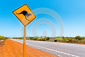 Yellow kangaroo sign on Australian country road