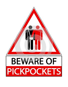 Beware of pickpockets. Warning sign with silhouette of thief stealing. Text.