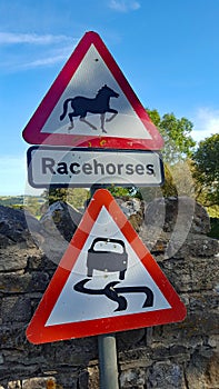 Beware of racehorses in the road sign, Middleham Yorkshire, UK