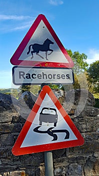 Beware of racehorses in the road sign, Middleham Yorkshire, UK photo